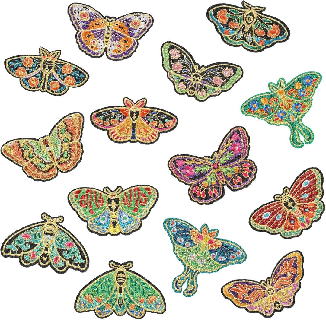Lyrow 14 Pcs Moth Iron on Patches Appliques Colorful Insect Embroidered Sew on Patches Bulk for DIY Clothing Hat Jacket Backpack Summer Camping Party Decoration
