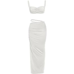 Women's Two Piece Skirt Sets Summer Beach Sexy Ruched Backless Cami Top And Cut Out Skirt Night Out Dress (White, M)