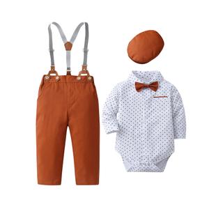 Boarnseorl Baby Boys Gentleman Outfits Pants Sets, Infant Long Sleeve Shirt + Pants + Cap + Bow Tie + Suspenders Suits, 2-3T, Orange