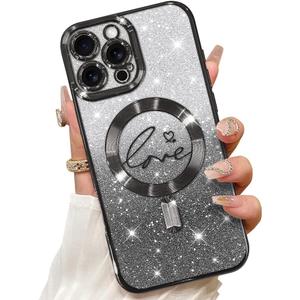 ZIYE Magnetic Case for iPhone 16 Pro Max 6.9" [Compatible with MagSafe] Glitter Bling Luxury Hearts Design Cover for Women Girly, Soft TPU Shockproof Protective Case for 16 ProMax 5G 2024, Black