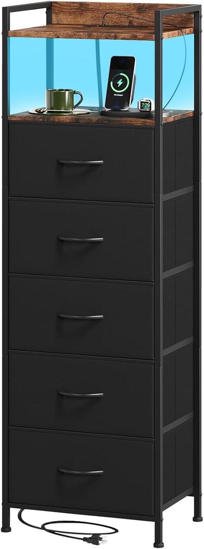 Somdot Black Nightstand with Charging Station and LED Light for Bedroom, Tall 5 Drawers Dresser with Fabric Bins for Bedside Kids Dorm Room Closet Laundry Entryway, Black Rustic Brown (11"D x 15.8"W x 48.8"H (5 Drawers))