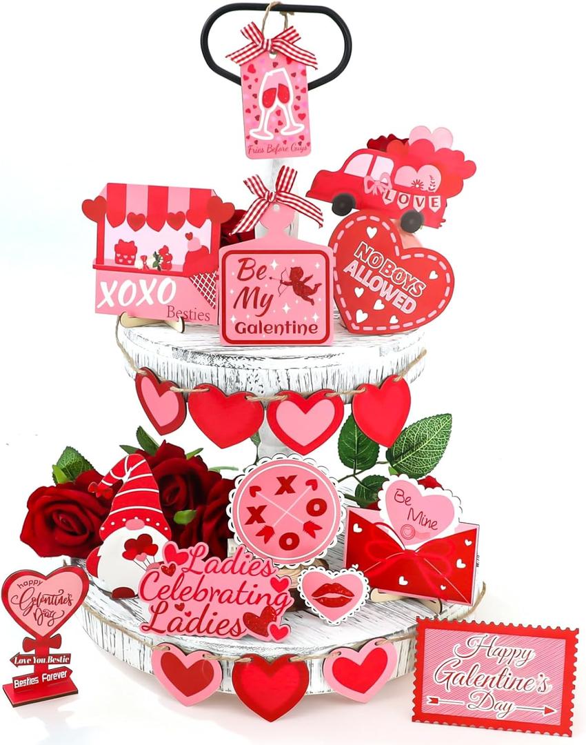 19Pcs Galentines Day Decorations Tiered Tray Decor, Galentines Gnome Heart Centerpieces Sign, Be My Galentine Table Decorations for Ladies Party Home Kitchen Living Room