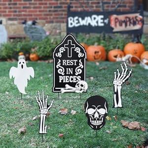 Hogardeck Halloween Decorations Outdoor, 5 Pcs Metal Decorative Garden Stakes with Skulls Head, Hands & White Ghosts for Halloween Decor, Tombstone Yard Signs for Outside Garden Lawn Patio Porch