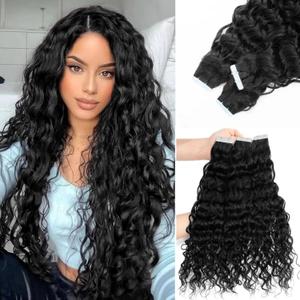 Tape in Hair Extensions Human Hair for Black Women Double Sided PU Skin Weft Tape Ins 20Pcs 50g Per Pack Water Wave Glue in Hair Extensions Real Human Hair 20 Inches Natural Black