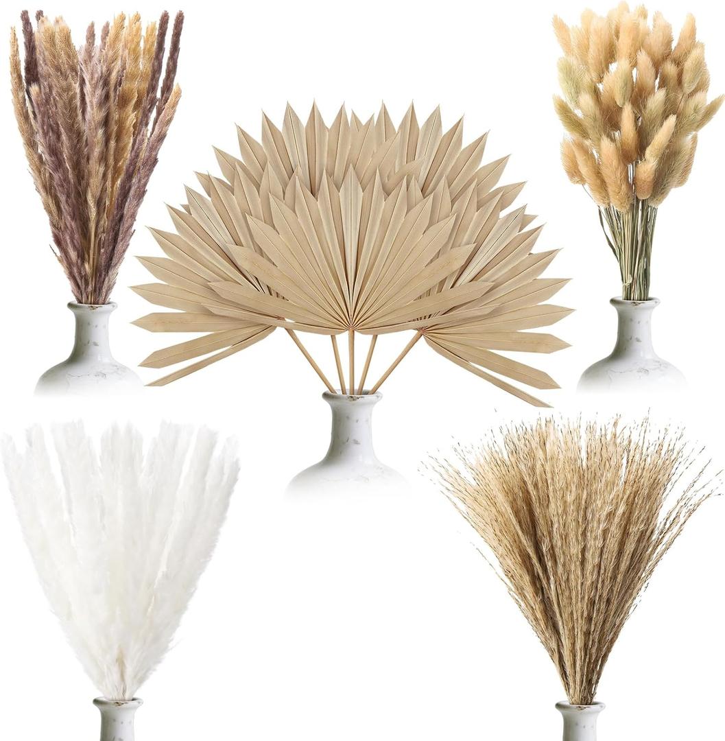 105 Pcs Boho Dried Pampas Grass & Palm Leaves, Natural Pampas Grass Decor Spears Leaves Bouquet for Wedding Baby Shower Table Restaurant Centerpieces Floral Room Vase
