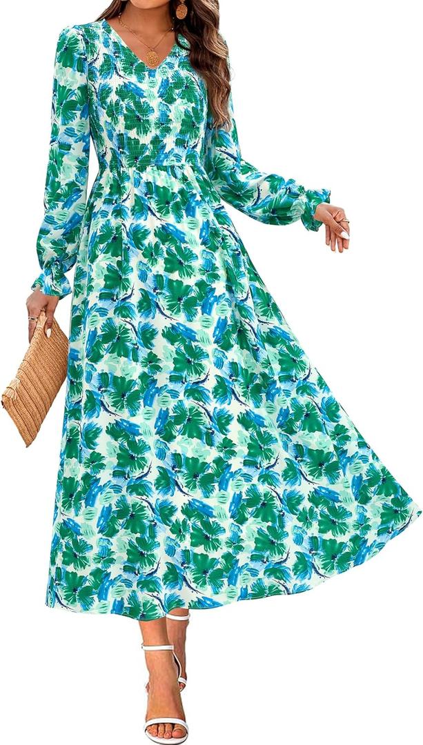 MASCOMODA Womens 2025 Fall Long Sleeve Floral Maxi Dress Casual Smocked V Neck Boho A Line Flowy Long Wedding Guest Dresses (Floral White Green) Small 