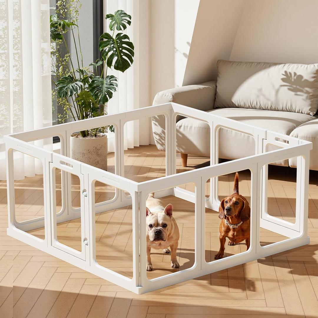 Clear Acrylic Dog Playpen - 50 x 50 Inch, 24" H 12 Planes Transparent Dog Fence Indoor, Sturdy Pet Pen for Puppy/Small Dog/Rabbit/Pig, Easy Assemble & Cleaning Plastic Whelping Box Enclosure, White