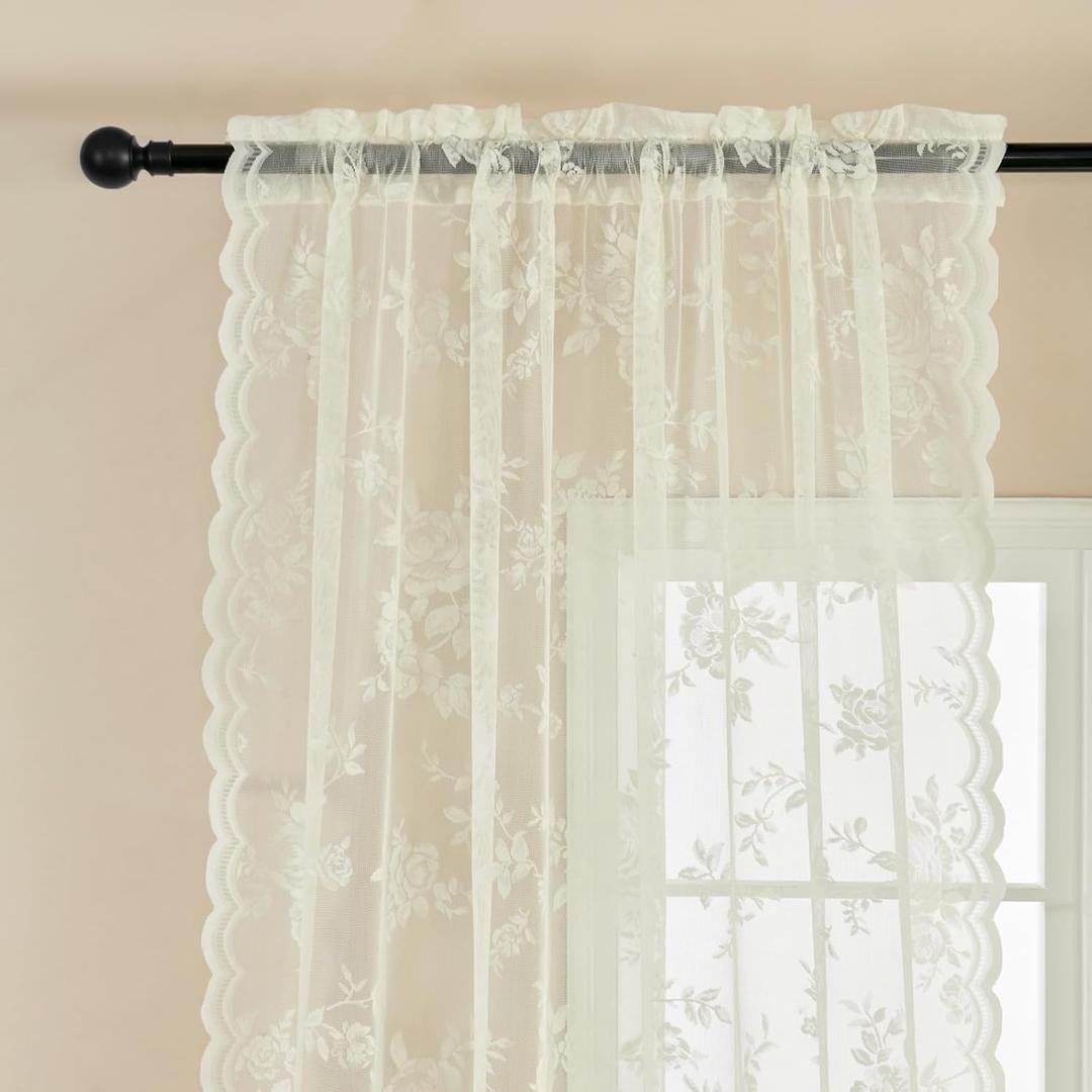 Lace Curtains 84 Inches Long 2 Panels Victorian Floral Sheer Curtains for Living Room Bedroom Rod Pocket Light Filtering Drapes Cream Vintage Window Curtains Decor, 52x84 Ivory