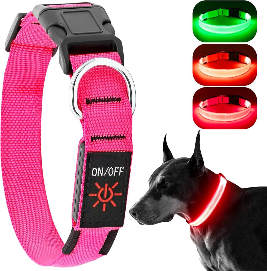 Light Up Dog Collar at Night, Led Dog Collar Adjustable, Rechargeable Waterproof, Dog Lights for Night Walking, Glow in The Dark Collar Light for Medium Large Dogs (Rose Red)