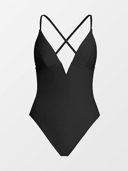 CUPSHE Women Swimsuit One Piece Bathing Suit Deep V Neck Crisscross Back Adjustable Strap
(Medium, Black)
