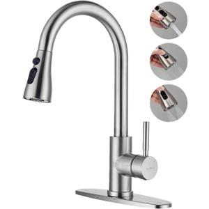 Kitchen Faucets with Pull Down Sprayer, 3 Function Sprayer, Brushed Nickel Stainless Steel Single Handle High Arc Sink Faucet for RV, Bar, Farmhouse, Laundry, Outdoor