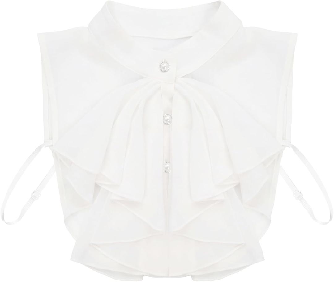 Fumwase Chiffon Detachable Fake Collar Vintage Adjustable Half Shirts Professional Suit Round Blouse Collars Button-Down Shirts for Women (White)