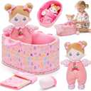 OUOZZZ Baby Doll Accessories with Soft Doll, Bassinet, Blanket and Bottle, Interactive Pretend Playset for Social Emotional Learning, Toy for 2 Year Old Girls
