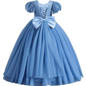 IDOPIP Flower Girl Sequin Lace-up Bow Dress for Kid Wedding Bridesmaid Pageant Party Formal Long Gown Communion Tulle Dresses (9-10 Years, Blue)