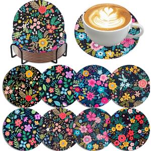2 x mrpwnle 8 Pack Diamond Art Coasters Kits Flowers Diamond Painting Coasters Kit Set with Holder Cork Pads DIY Coffee Drink Diamonds Art Non Slip Coaster Crafts Kits for Adults Beginners Gifts