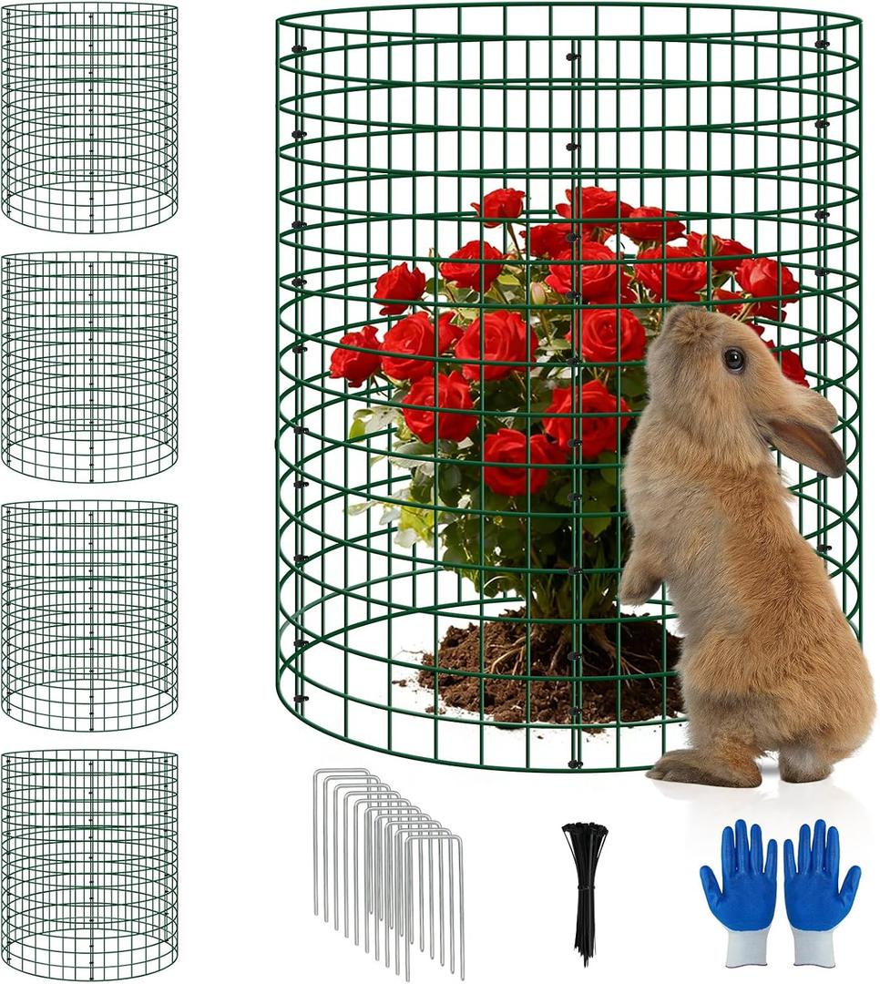 4 Pack 12x16 Inch Plant Protector Cages, Metal Garden Cages for Animals | Plant Protection Barrier, Garden Cloche, Stakes & Zip Ties, Rabbit Squirrel Defense, Seedlings, Flowers, Vegetable Beds