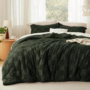 Bedsure King Size Comforter Set Dark Olive Green, Boho Tufted Bed Set, Checkered Farmhouse Shabby Chic Bedding, 3 Pieces, 1 Plaid Geometric Comforter and 2 Pillow Shams