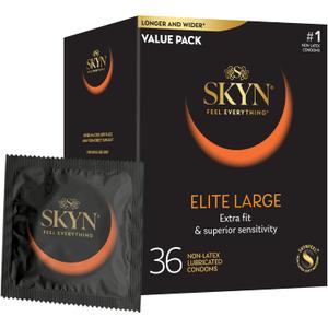 SKYN Elite Large Condoms 36 Count Ultra-Thin, Lubricated Latex-Free Condoms, Longer and Wider for a More Comfortable Fit