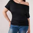 Women's Plus Size Off Shoulder Tops Short Sleeve Asymmetric Neck Ruched Casual T-Shirts (XXL)