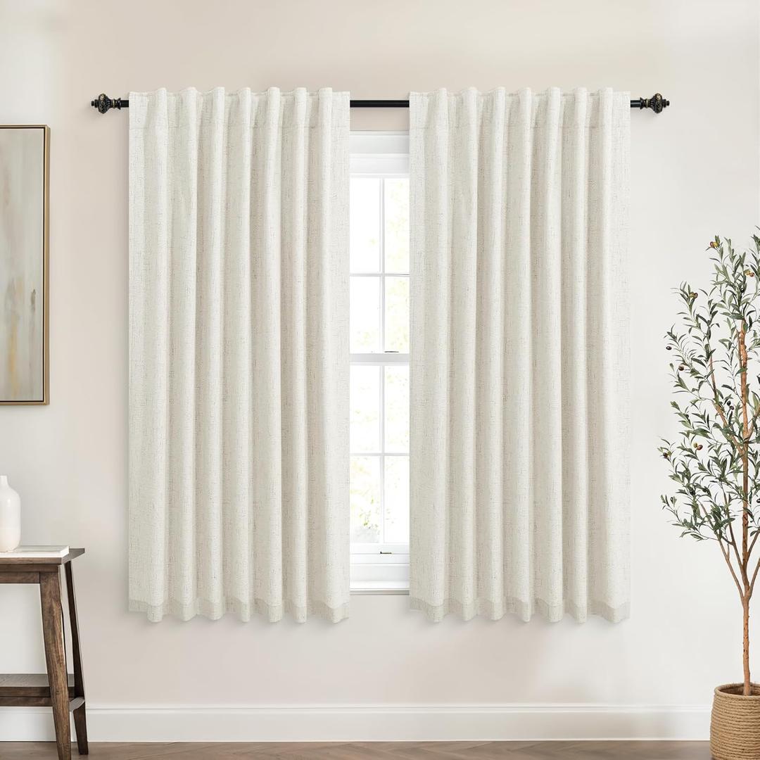 KOUFALL Short Linen Blackout Curtains 45 Inch for Small Windows, Boho RV Curtains for Camper Windows, Thermal Curtains for Kitchen Bedroom, Wide 52x45 Inches Long, Cream Beige
