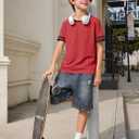 Haloumoning Boys Short Sleeve T Shirts Kids Summer Crewneck Color Block Tops Fashion Tees 5-14 Years (Red)