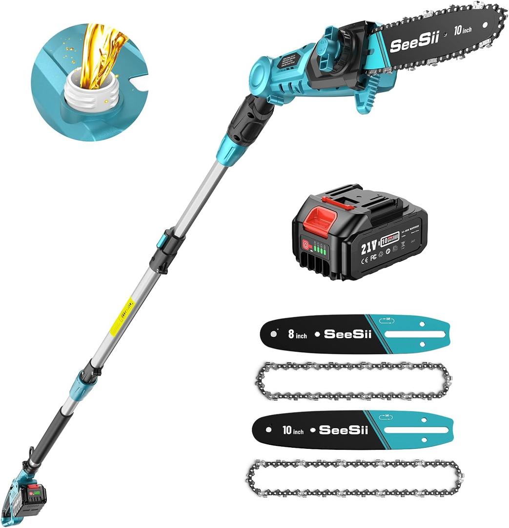 Seesii 10 Inch & 8 Inch Electric Pole Saws for Tree Trimming, Cordless Pole Chainsaw with Extendable Rod (Up to 9.2ft), Auto Oiler, 4000mAh Battery Powered Tree Pruner for Bush & Branch Cutting