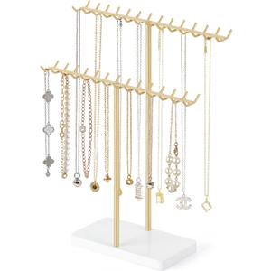 Mkono Necklace Holder Organizer Metal Jewelry Display Stand 2 Tier Bracelet Hanger Gold Tree Tower Rack for Storage Bangles and Earrings Gift for Women Bedroom Dressing Table Decor
