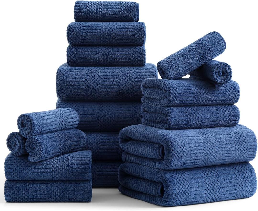 18 Pcs Navy Woven Family Towels Set-6 Bath Sheets,6 Hand Towels,6 Washcloths Soft Microfiber Towels Absorbent Shower Towel Quick Dry Beach Chair Towel Lint Less Towels Set for Bathroom Spa Gym Hotel