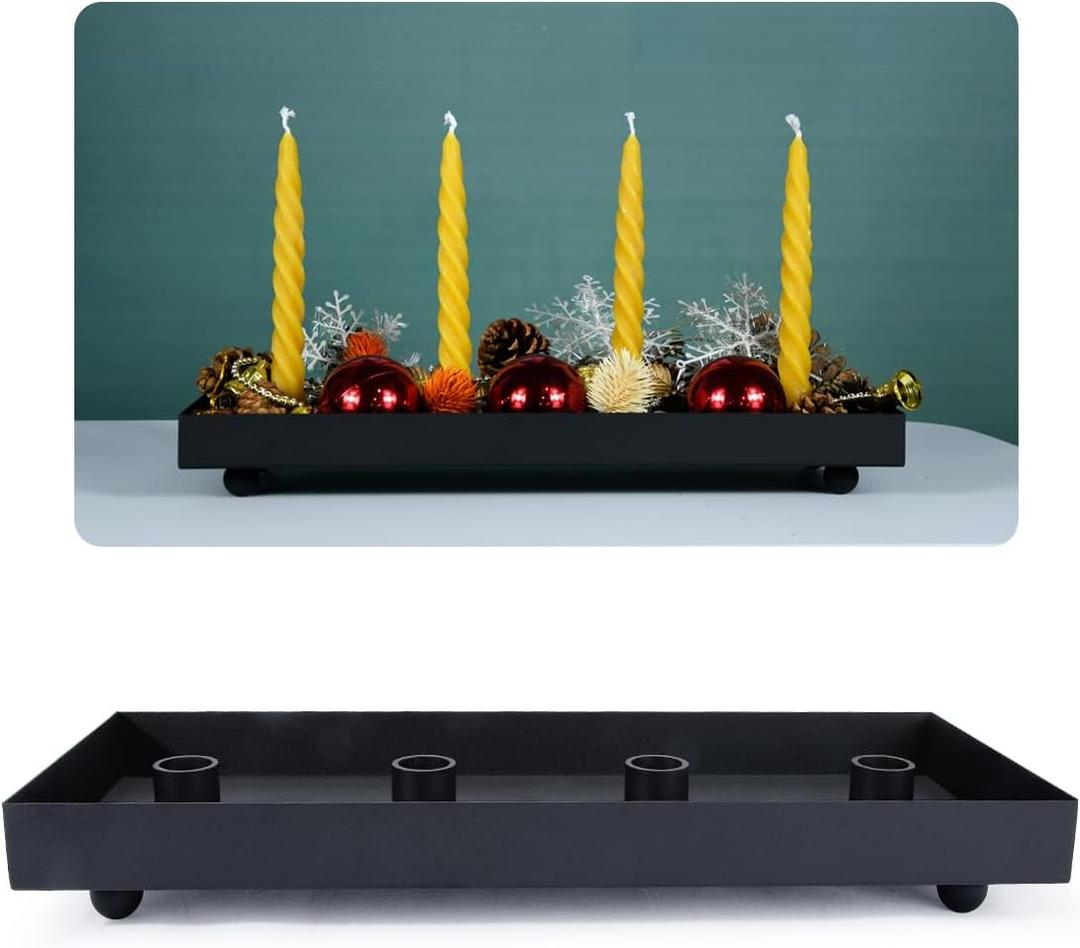 TELOSMA Advent Candle Holder - 4 Candlestick Seats, Matte Black Iron Candle Tray for Taper Candles - Autumn Thanksgiving Christmas Dining Table Kitchen Island Fireplace Mantel Centerpieces Decoration
