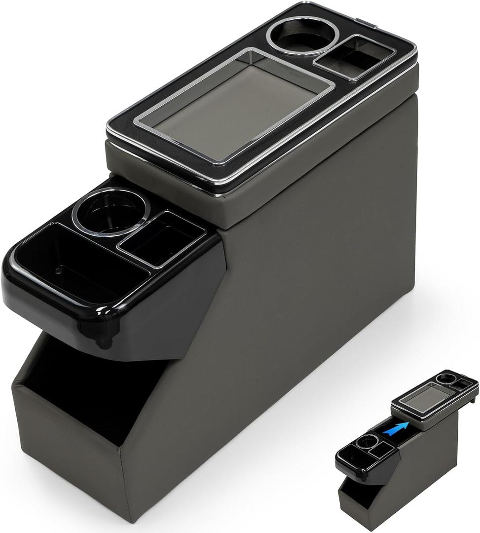 Center Console Between Seat Organizer for Minivans, SUVs, with Phone Holder & Cup Holders for Minivan &SUVs, Middle Van Floor Console Organizer Storage Box- Gray