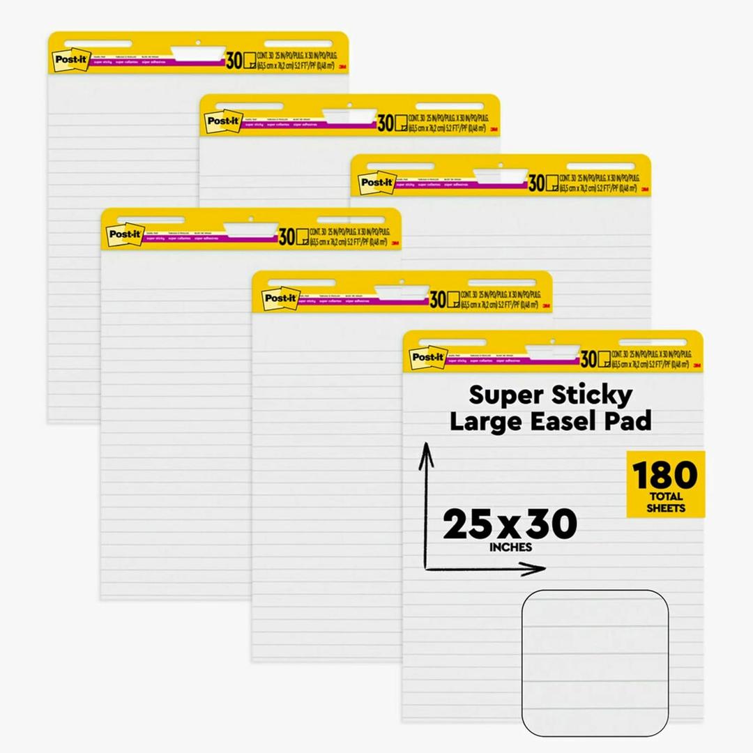 Post-it Super Sticky Easel Pad, 30 Sheets Per Pad, 36 Pads, Large, White Lined, Premium Self Stick Flip Chart Paper, Teacher Anchor Chart, Super Sticking Power