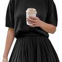 Womens 2 Piece Outfits Short Sleeve Crewneck Knit Tops And Pleated Mini Skirt Two Piece Sets (Medium, Black)