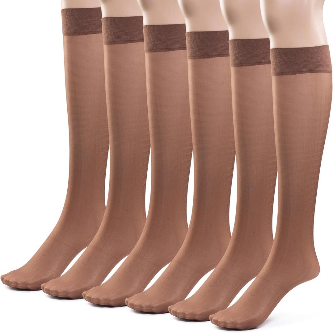 Silky Toes Sheer Knee High Stockings for Women, Pair of 6 Nylon Trouser Socks (Queen Plus, Coffee)