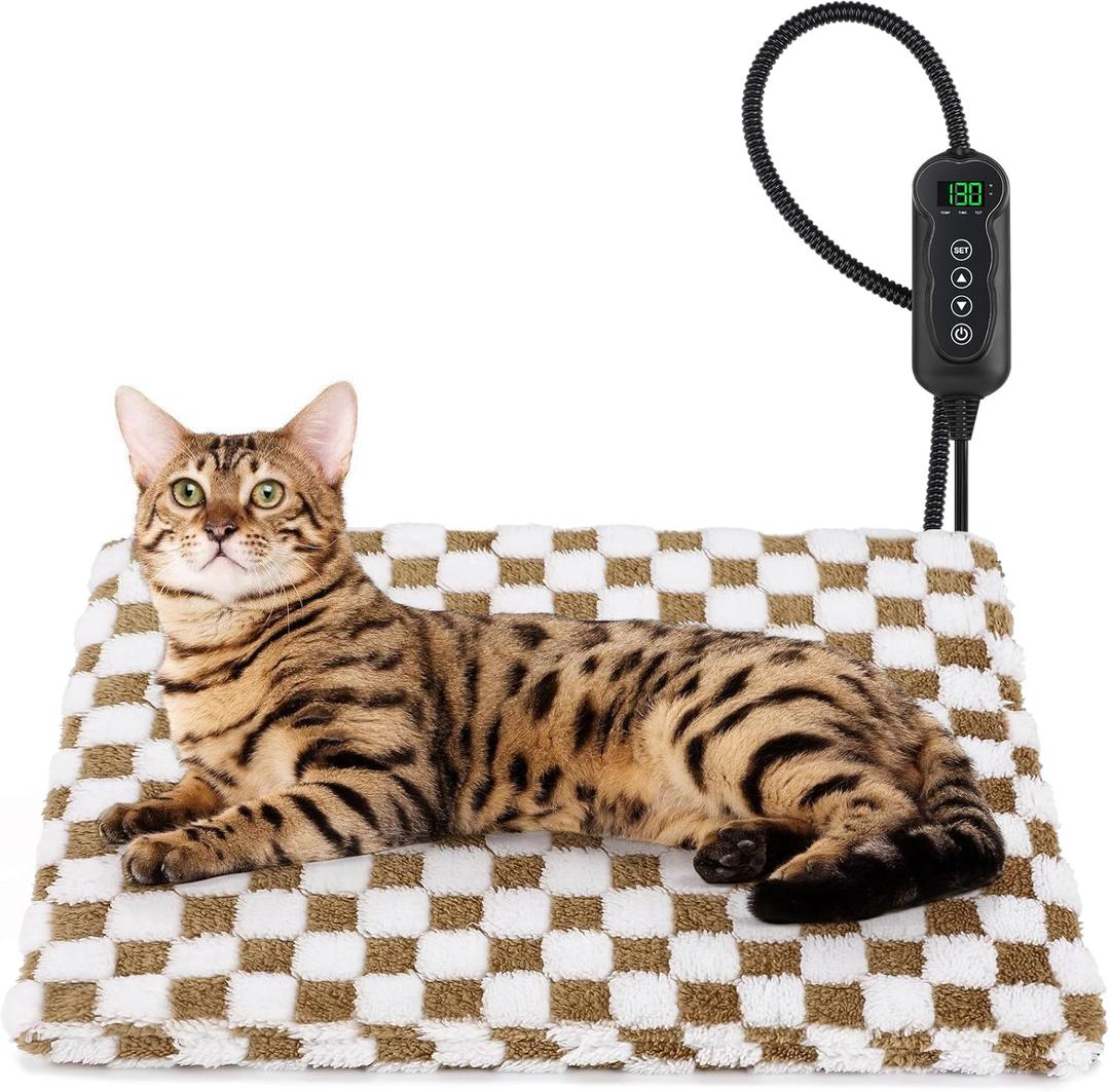 Heated Cat Bed, 11 Adjustable Temperature Cat Heating Pad Indoor with Timer, Pet Heat Pad for Cats Dogs, Electric Dog Heating Pads with Washable Cover, Heated Pet bed-18''x16'', Small (Brown)