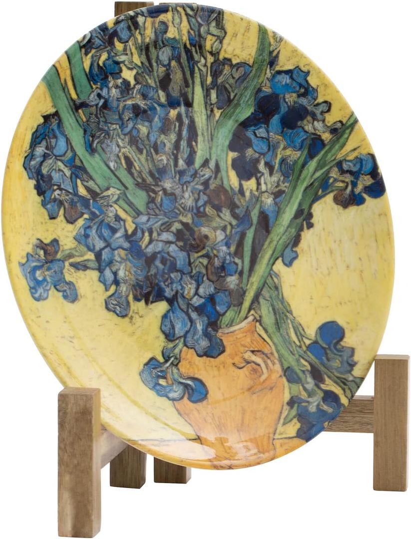 MyGift Plate Display Stand, Rustic Acacia Wood Tabletop Saucer Rack, Folding Picture Frame Holder Easel