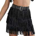 Womens Sparkle Rhinestone Fringe Skirt Elastic Waistband Short Mini Dress with Adjustable and Removable Belt (Small, Black)
