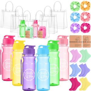 30 Pcs 2026 Girls Weekend Favors Girls Travel Gift, Girl Weekend Plastic Water Bottle Cup Fluffy Socks Heart Bracelets with Card Hair Scrunchie and PVC Bags for Bachelorette Vacation