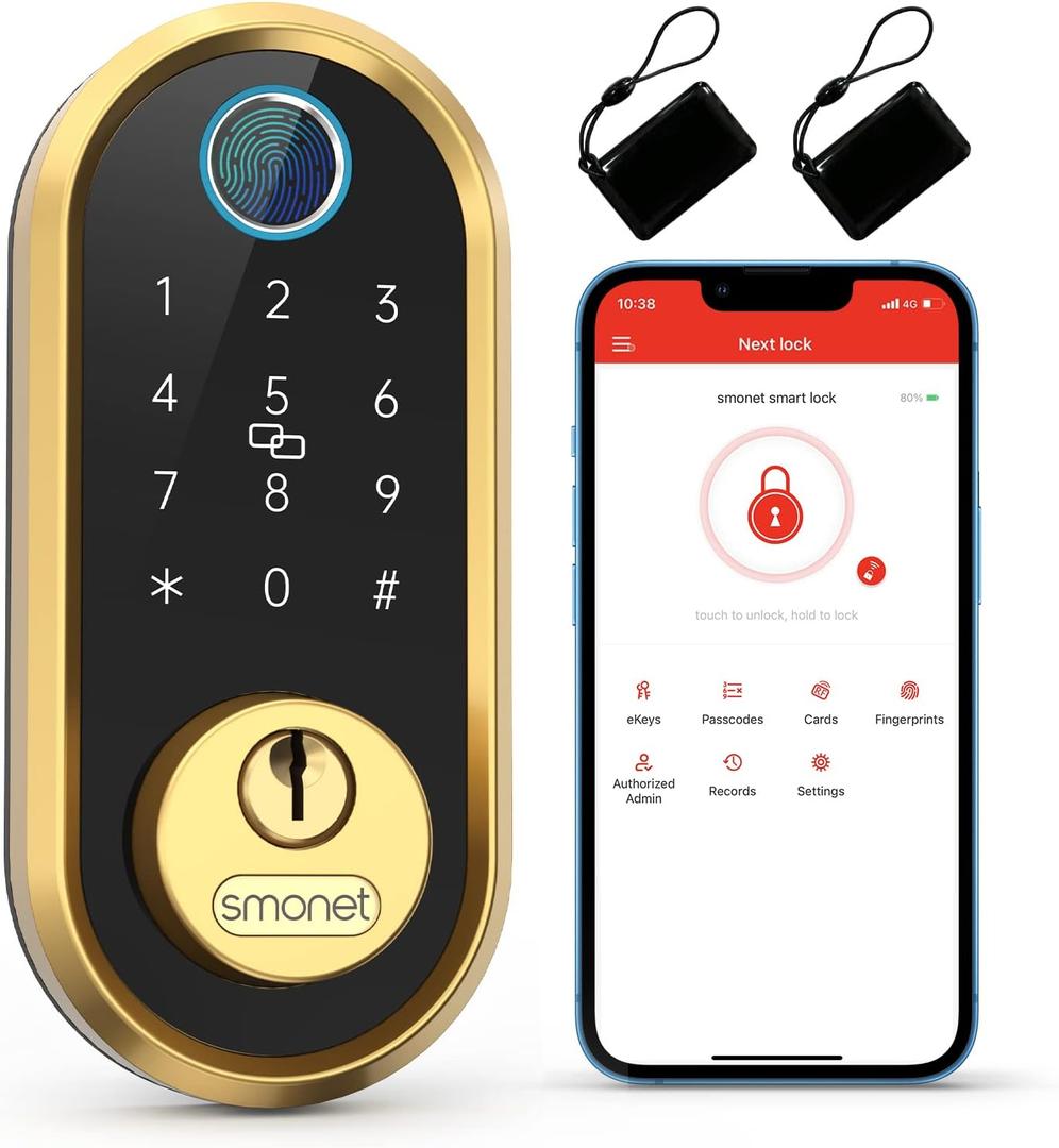 Smart Lock SMONET Bluetooth Keyless Entry Keypad Smart Deadbolt-Fingerprint Electronic Deadbolt Lock, Remote Ekeys Sharing, Easy to Install for Homes and Hotel Works with Alexa(Gateway Not Included) (Gold)
