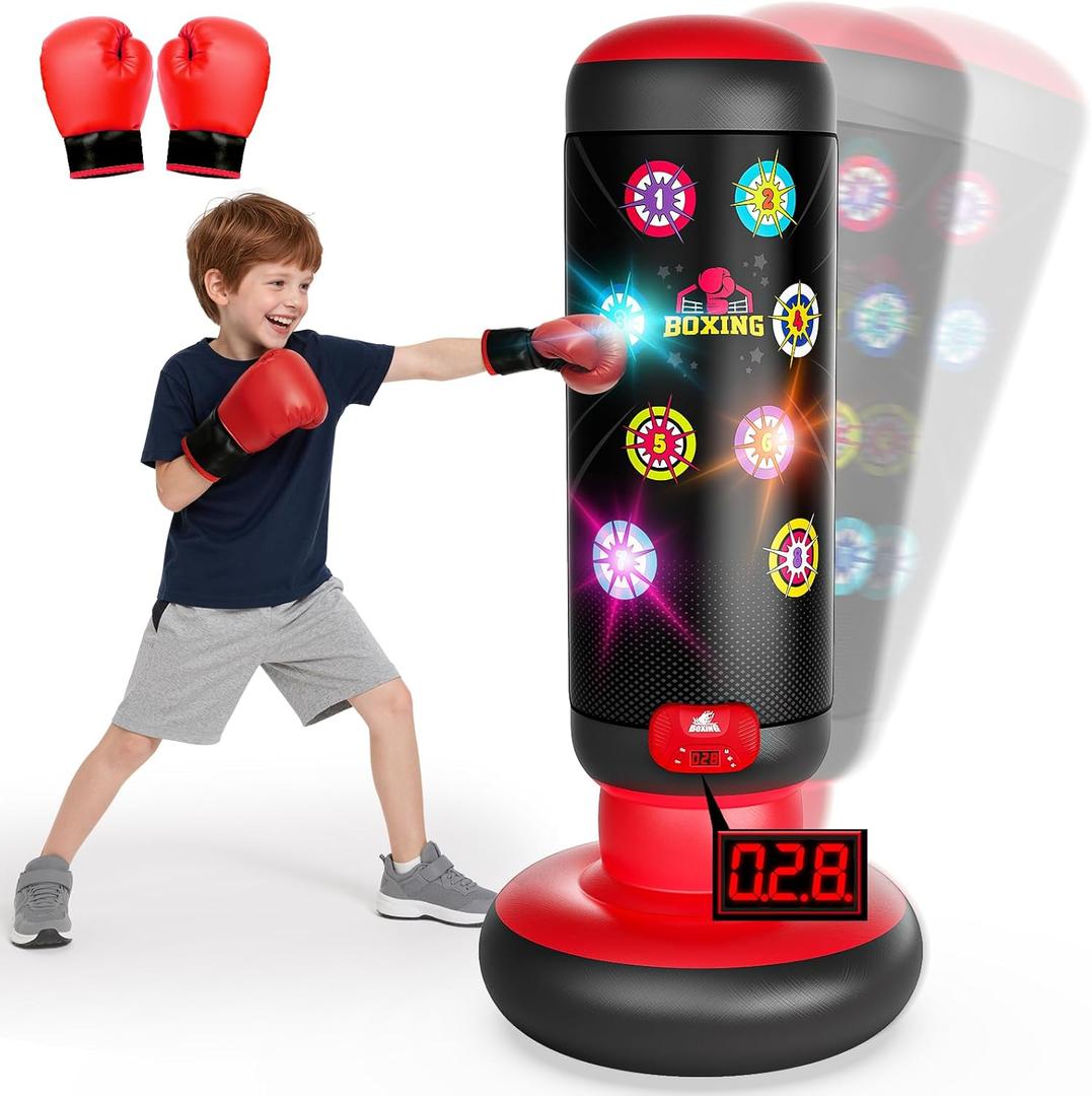 HopeRock Punching Bag for Kids, Boxing Set with Scoring, Light, Music, 4 Game Modes, Inflatable Boxing Bag with Gloves, Birthday Gifts Toys for 4-8-12 Years Old Boys (Red)