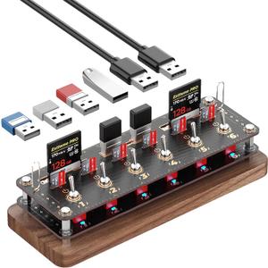 Walnut Cyberpunk USB Docking Station for Independent Switch Control, 6 Port USB2.0 Hub,USB Splitter Expander,USB/SD/TF Card Storage Box,Retro USB Desktop PC Controller-F062