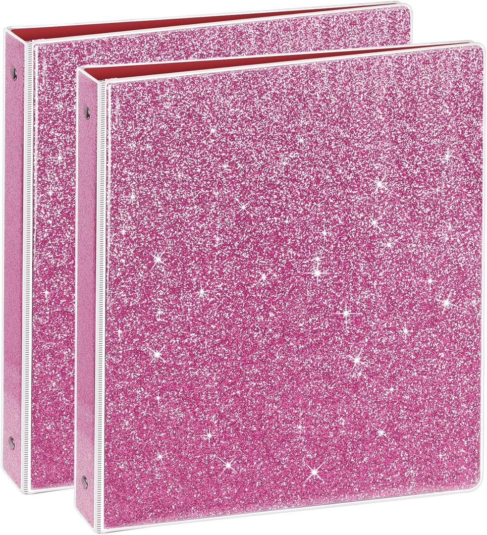 NatureTouch 3 Ring Binder, Glitter 1 Inch Organizer (10.5'' x 11.5'') Holds 8.5 x 11 Letter Size 300 Pages, Waterproof Durable View Binder, 2 Pack, Pink