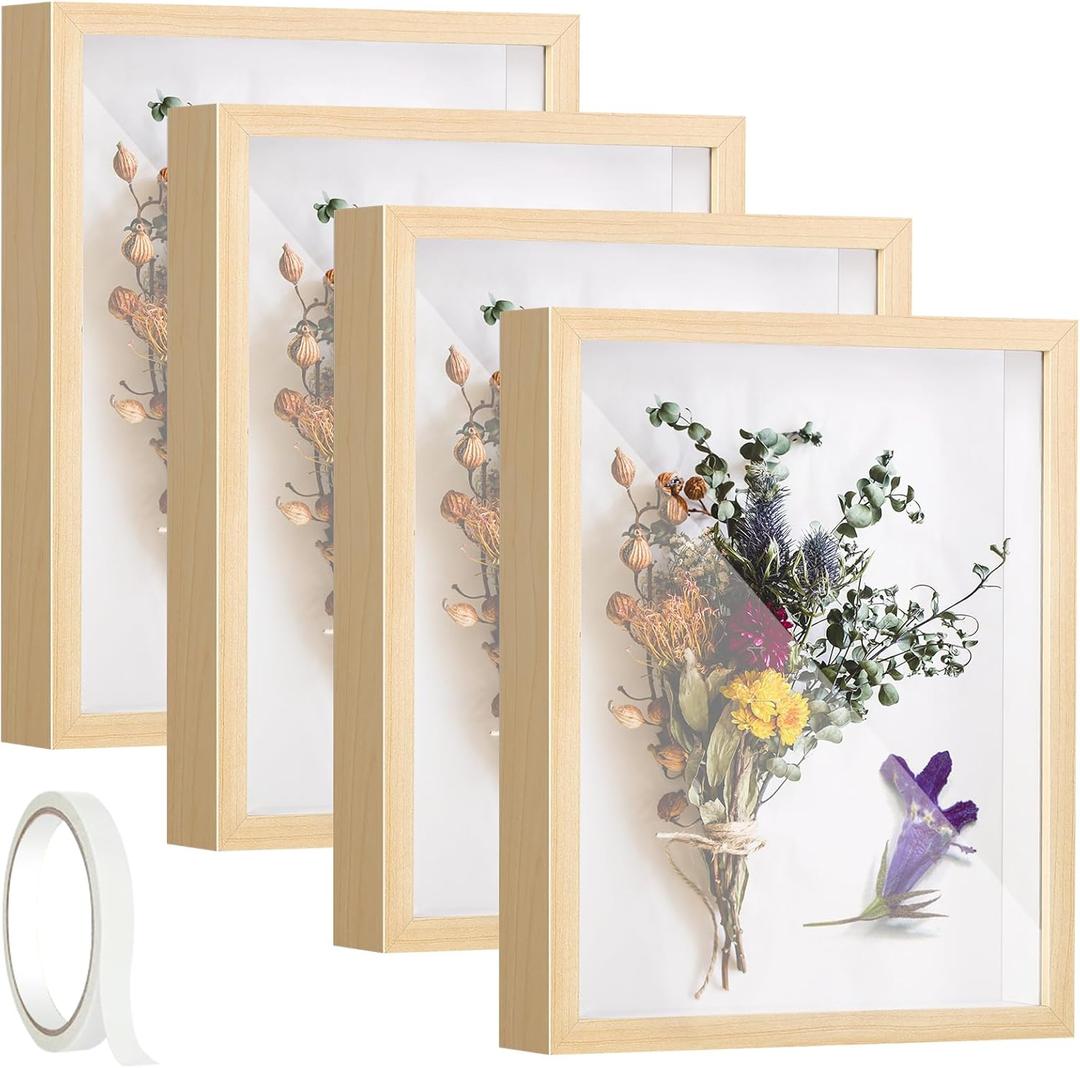 4 Pcak 8x10 Shadow Box Frame, Shadow Boxes Display Cases with Adhesive Tape, 3D Picture Frame, Memorial Picture Frame for Baby Items, Wedding Memories, Crafts, Flowers, Tickets and Photos (4pcs-light Wood)