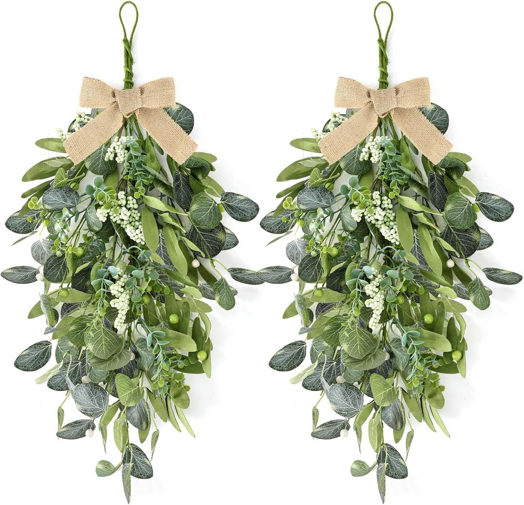 22" Eucalyptus Wreaths for Front Door 2 PCS Greenery Teardrop Swag Spring Summer Wreath with Eucalyptus Olives Leaves Mixed Berry for Farmhouse Home Porch Wall Window Festival Wedding Decor