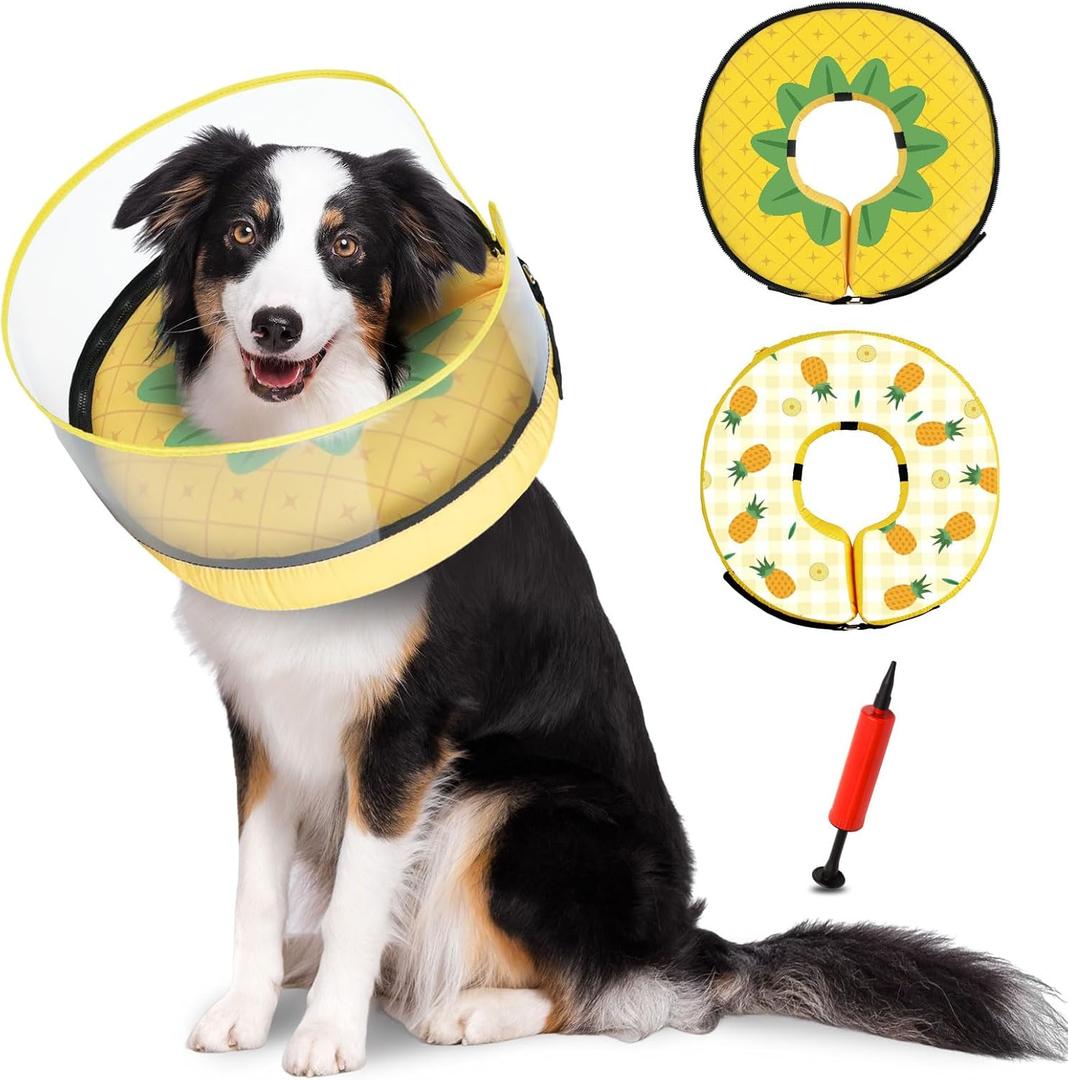 Inflatable Dog Cone,Adjustable Comfy Alternative to Cat Donut Collar After Surgery, Pet Cone for Small Medium Large Dogs with Removable Cover,Dual-Sided Pattern,Waterproof Fabric(S) (Yellow)