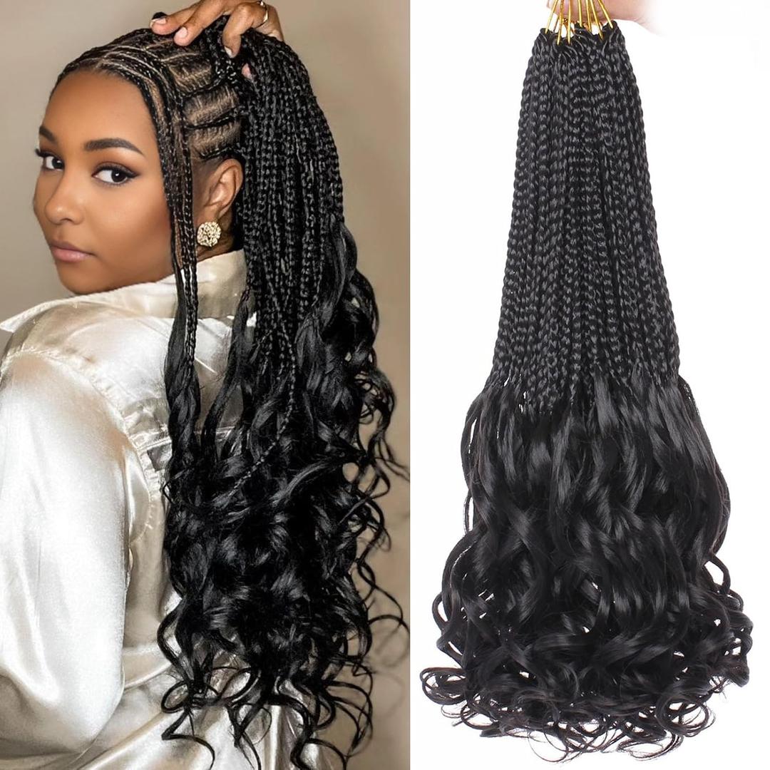 24 Inch French Curl Crochet Braids 9 Packs Natural Black Goddess Box Braids Crochet Hair Pre Looped Synthetic Bohemian French Curly Braiding Hair for Women (#1B)