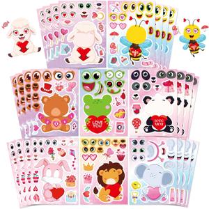 32 Sheets Valentine Stickers for Kids Toddlers, Make a Face Stickers, Animal Love Heart Stickers, Make Your Own Animal Stickers Party Decorations Supplies