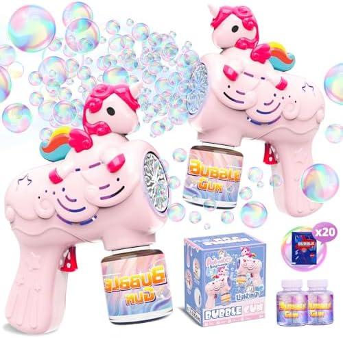 Folimix Bubble Gun for Kids with 2 Bottles Refill Solution, 2 Pack Unicorn Bubble Machine Guns for Kid Grils Toddlers 3-8 Bubble Blower Maker Toy for Kids Summer Outdoor Party Garden Toys