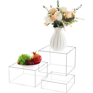 3Pcs Clear Acrylic Risers Display Stand, Buffet Risers with Hollow Bottom, Acrylic Cube Box for Figures Jewelry Perfume Handbag Food Dessert Party Show Christmas Decor(Clear-3pcs)