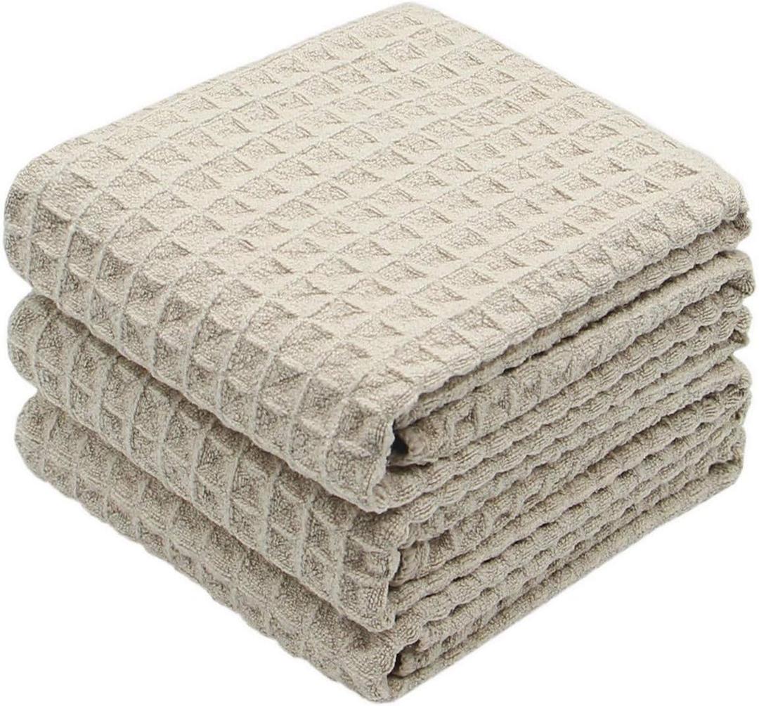 Waffle Weave Absorbent Kitchen Dish Towels - Thick Microfiber 16Inch x 24Inch, 3 Pack, Khaki