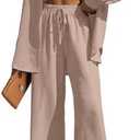 Lepunuo 2 Piece Outfits for Women Casual Lounge Sets Long Sleeve Button Down Shirts and Wide Leg Pants Sets Tracksuit, M